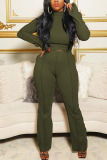 Army Green Casual Solid Flounce Half A Turtleneck Long Sleeve Two Pieces