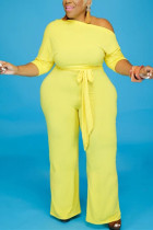 Yellow Fashion Casual Solid Basic Oblique Collar Plus Size Jumpsuit