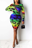 Multi-color Fashion Sexy Print Hollowed Out O Neck Printed Dress