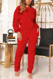 Red Casual Solid Fold O Neck Long Sleeve Two Pieces