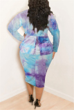 Blue White Fashion Casual Plus Size Print Tie Dye Tie-dye Turtleneck Printed Dress