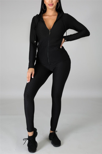 Black Fashion Casual Solid Basic Zipper Collar Long Sleeve Two Pieces
