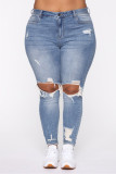 Blue Fashion Sexy Solid Ripped Plus Size Jeans
