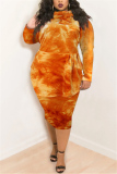Orange Fashion Casual Plus Size Print Tie Dye Tie-dye Turtleneck Printed Dress