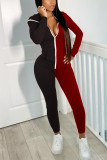 Black and red Fashion Casual Patchwork Patchwork Hooded Collar Skinny Jumpsuits