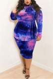 Blue Pink Fashion Casual Plus Size Print Tie Dye Tie-dye Turtleneck Printed Dress