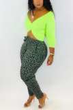 Fluorescent green Street Fashion adult Leopard backless Print Two Piece Suits Solid pencil Long Sleeve Two-