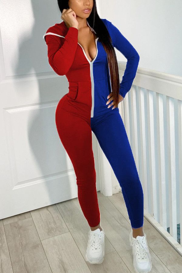 Red and blue Fashion Casual Patchwork Patchwork Hooded Collar Skinny Jumpsuits