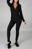 Black Fashion Casual Solid Basic Zipper Collar Long Sleeve Two Pieces