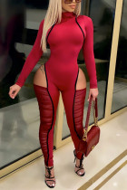 Red Fashion Sexy Patchwork Hollowed Out Patchwork See-through Turtleneck Skinny Jumpsuits