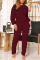 Wine Red Casual Solid Fold O Neck Long Sleeve Two Pieces