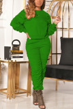 Green Casual Solid Fold O Neck Long Sleeve Two Pieces