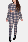 Red Fashion Casual Plaid Print Basic Zipper Collar Long Sleeve Two Pieces