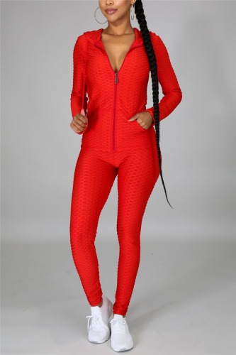 Red Fashion Casual Solid Basic Zipper Collar Long Sleeve Two Pieces