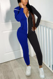 Blue Black Fashion Casual Patchwork Patchwork Hooded Collar Skinny Jumpsuits