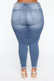 Blue Fashion Sexy Solid Ripped Plus Size Jeans