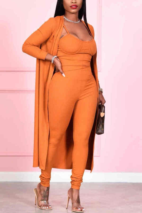 Orange Fashion Casual Solid Basic Long Sleeve Two Pieces