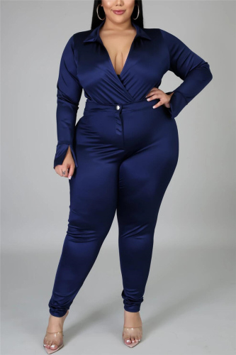 Tibetan Blue Fashion Casual Solid Basic Turtleneck Plus Size Set