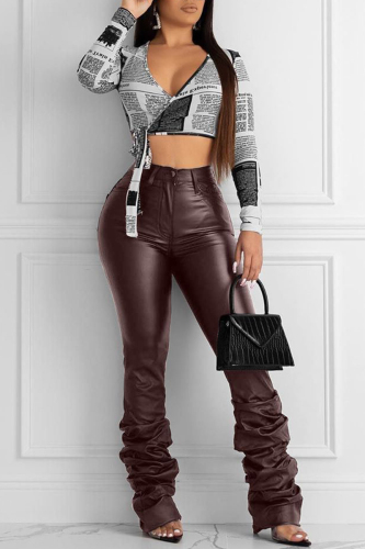 Wine Red PU Zipper Fly Sleeveless Mid Zippered Draped Solid Pants Pants Pants