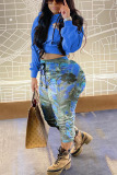 Blue Fashion Casual Print Two Pieces