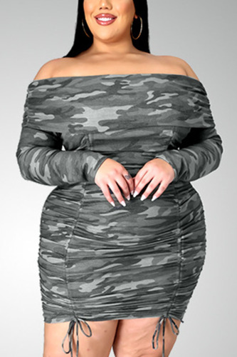 Camouflage Sexy Print Patchwork Bateau Neck Pencil Skirt Plus Size 