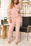 Pink Fashion Casual Solid Fold O Neck Long Sleeve Two Pieces