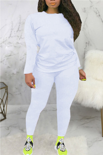 White Fashion Casual Solid Basic O Neck Plus Size Set