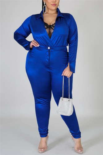 Blue Fashion Casual Solid Basic Turtleneck Plus Size Set