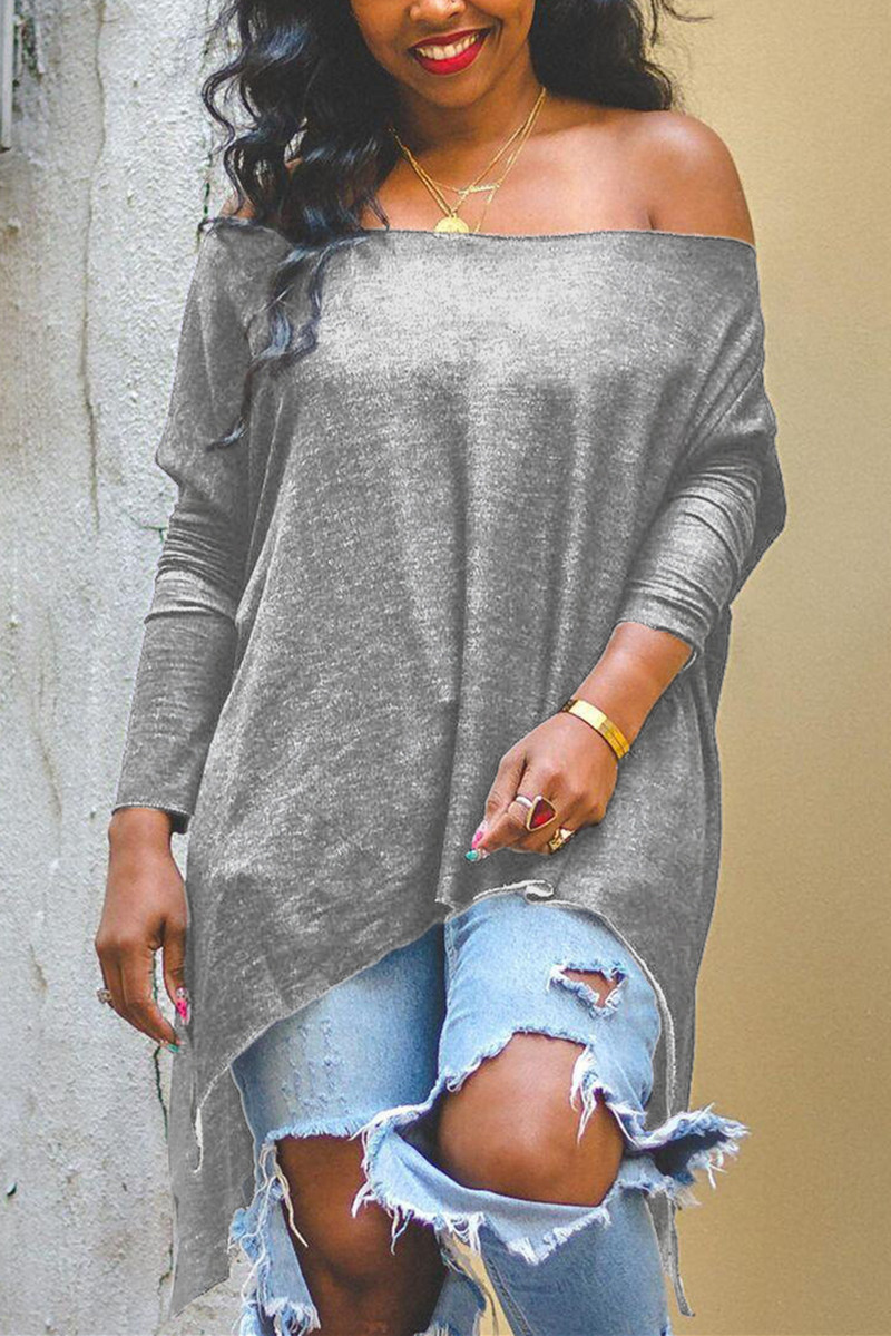 

Grey Fashion Casual Solid Pullovers Oblique Collar Tops