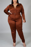 Dark Brown Fashion Casual Solid Basic Turtleneck Plus Size Set