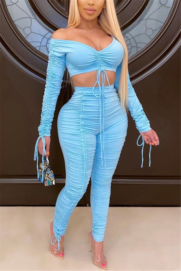 Blue Fashion Sexy Long Sleeve Top Trousers Set