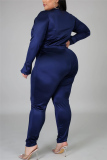 Tibetan Blue Fashion Casual Solid Basic Turtleneck Plus Size Set
