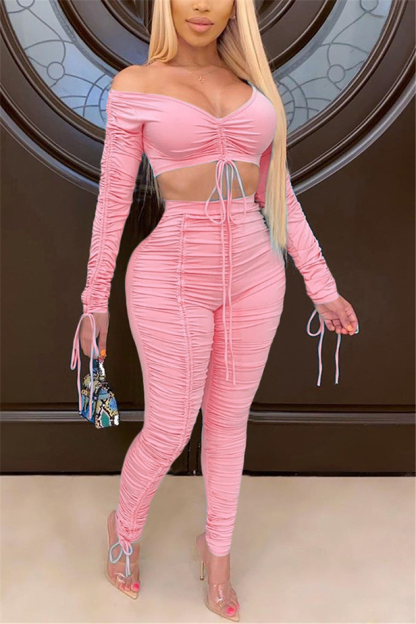 Pink Fashion Sexy Long Sleeve Top Trousers Set