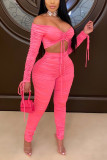 Pink Fashion Sexy Long Sleeve Top Trousers Set