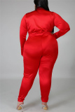 Red Fashion Casual Solid Basic Turtleneck Plus Size Set