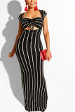 Navy Blue Sexy Fashion Solid Slim fit Striped Regular Sleeveless Two-Piece Dress