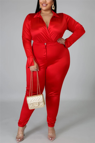 Red Fashion Casual Solid Basic Turtleneck Plus Size Set