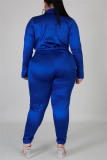 Blue Fashion Casual Solid Basic Turtleneck Plus Size Set