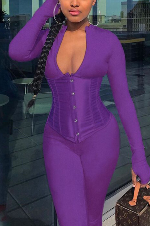 purple Fashion Casual Zipper Collar Long Sleeve Regular Sleeve Skinny Solid Jumpsuits
