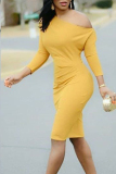 Yellow Fashion Sexy One Shoulder Long Sleeves One word collar Step Skirt Knee-Length Solid Casual Dresses