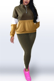 Army Green Fashion Casual Patchwork Patchwork Zipper Collar Long Sleeve Two Pieces