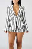 Grey Casual Striped Cardigan Turn-back Collar Long Sleeve Two Pieces