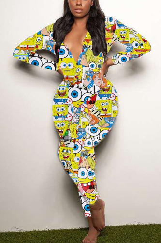 Yellow Living Print V Neck Skinny Jumpsuits