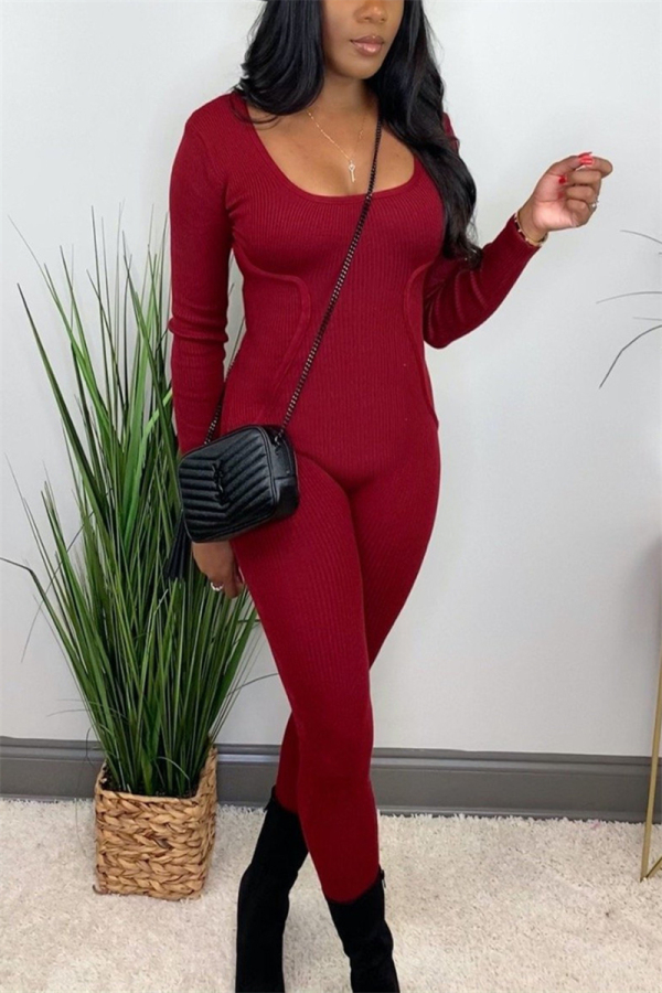 Wine Red Fashion Casual Solid Basic U Neck Skinny Jumpsuits