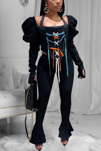 Black Street Solid Bandage Square Collar Long Sleeve Two Pieces