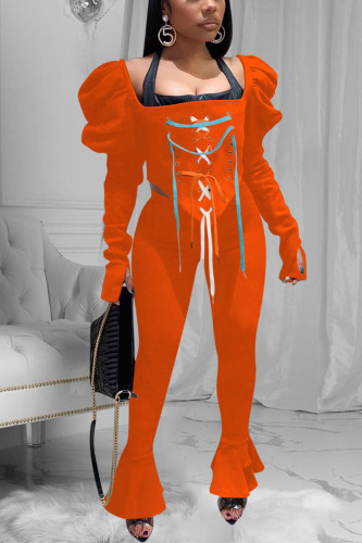Orange Street Solid Bandage Square Collar Long Sleeve Two Pieces