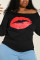 Black and red Casual Lips Printed Basic Oblique Collar Plus Size Tops