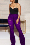 purple Fashion Casual Solid Ripped Regular Trousers