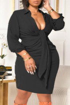 Black Fashion Sexy Plus Size Solid Basic Turndown Collar Long Sleeve Dress