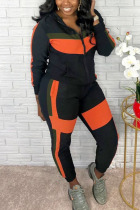 Orange Casual Patchwork Zipper Collar Long Sleeve Two Pieces